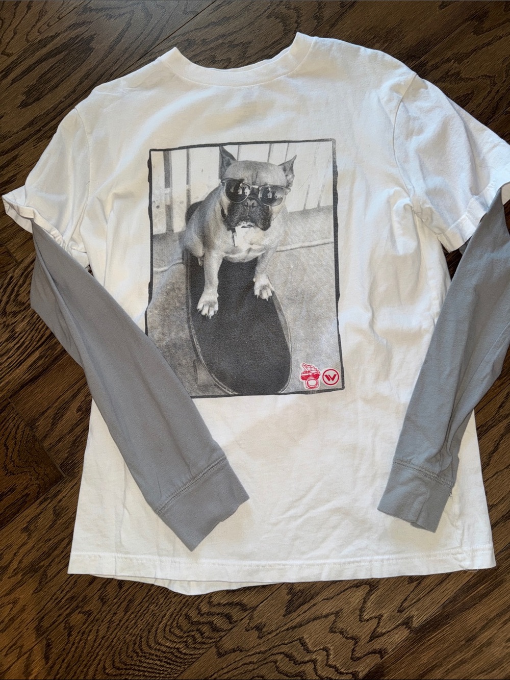 Shaun White White Tee with Gray Sleeves and Skateboarding Dog Graphic